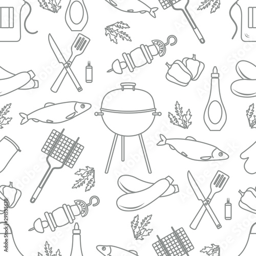 Seamless pattern with grill, barbecue tools. BBQ