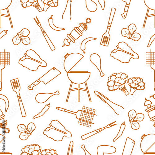 Seamless pattern Grill, barbecue tools, food. BBQ