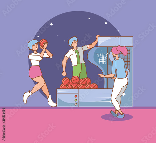 people in video game console of coins with basketball balloons