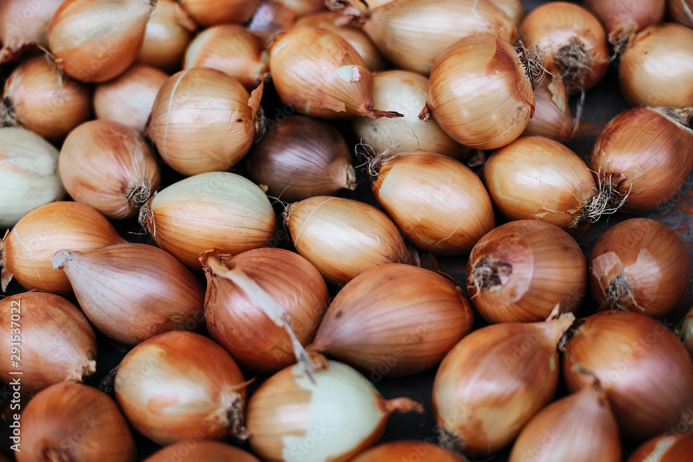 Fresh onions. Onions background. Ripe onions. Onions in market. Organic farmer food