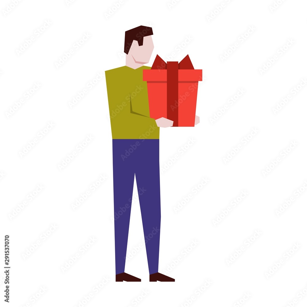 Man holding a big gift box. Businessman receiving gift, award, prize, congratulation. Vector illustration flat design Man holding a big gift box. Businessman receiving gift, award, prize, congratulation. Vector illustration flat design