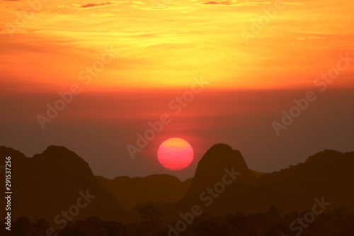 sunset colorful back on cloud and fog on mountain and hill night sky