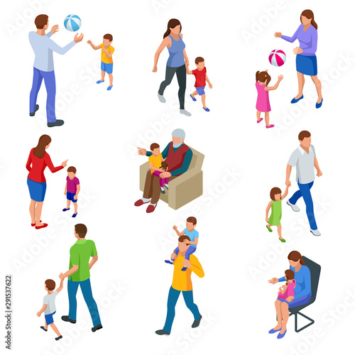 Isometric ollection of isolated isometric happy traditional families with children. grandfather  Father and son  mother and daughter  and all together.