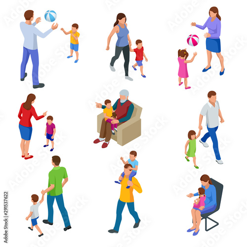 Isometric ollection of isolated isometric happy traditional families with children. grandfather, Father and son, mother and daughter, and all together.