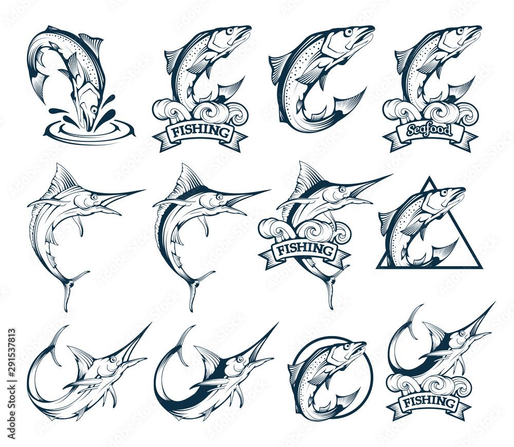Fototapeta premium Salmon and Marlin Set. Symbols of Fishery Sport. Set of Fishing Emblems with Salmon Fish and Marlin. Fishing Sticker. Marlin Fish Logo. Seafood Badge. Sea Fish. Vector graphics to design.