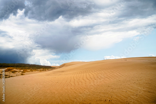 Sand dune in a desert with dark clouds