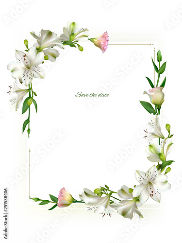 White flowers. Floral background. Green leaves. Eustoma. Lilies.