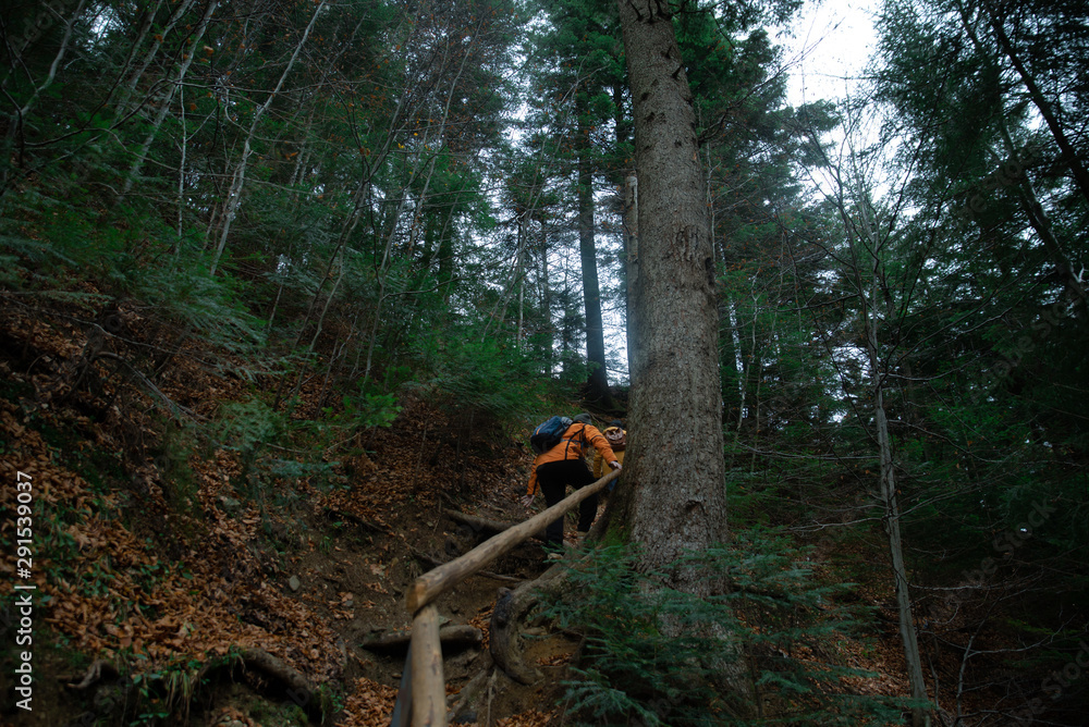 Naklejka premium couple friends hiking by forest mountains