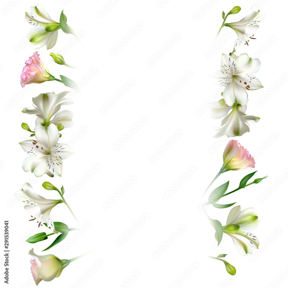 Fototapeta premium White flowers. Floral background. Green leaves. Eustoma. Lilies.