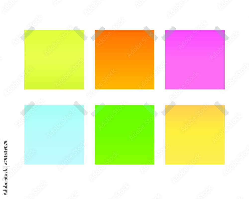 Collection of different colored sheets of note papers, ready for your message. Realistic vector illustration. Isolated on white background. Front view. Close up. Set