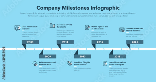 Moderm business infographic for company milestones timeline template with line icons - blue version. Easy to use for your website or presentation.