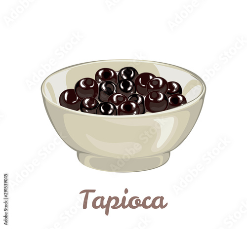 Tapioca black pearls for bubble tea in bowl isolated on white background. Vector illustration of tapioca ball or boba in cartoon simple flat style.