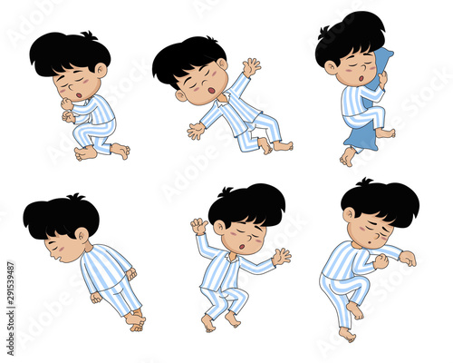 Different pose of a little boy sleeping on a soft bed.He has a good night and sweet dreams.