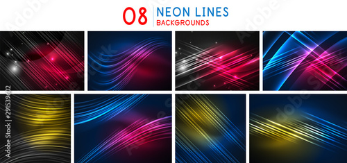Set of glowing straight neon lines flowing backgrounds, flow abstract banners, motion technology dynamic design. Futuristic energy magic flashes