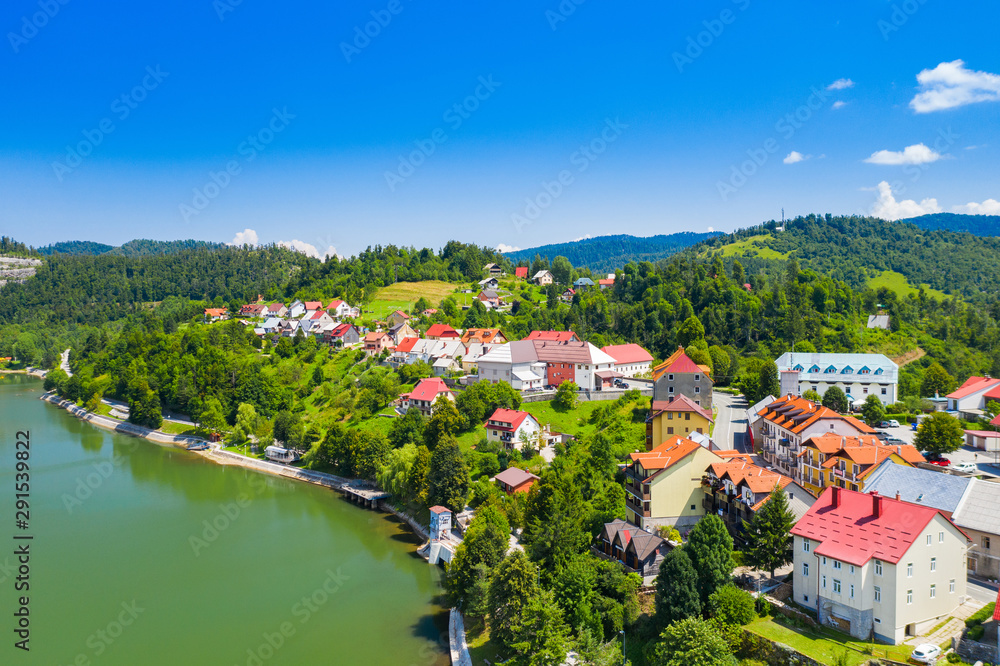 Town of Fuzine on lake Bajer, Gorski kotar region, Croatia, aerial view from drone