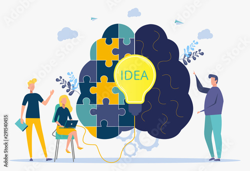 Look for a creative idea. Metaphor of a successful business. People are looking for a way to make money using creative ideas. Colorful vector illustration.