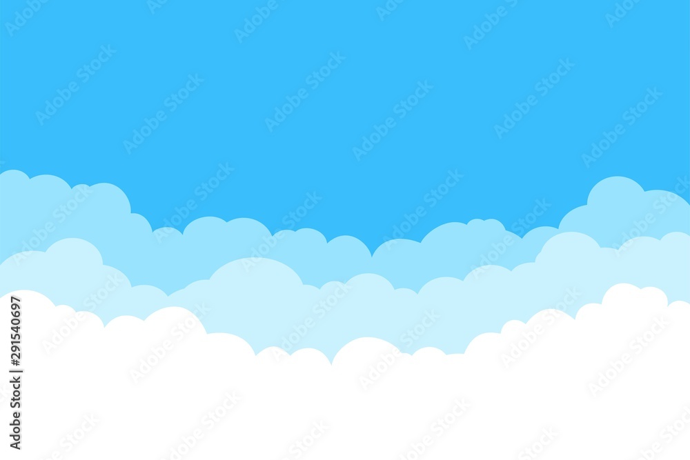 Blue sky with white clouds background. Border of clouds. Simple cartoon design. Flat style vector illustration. Blue sky with white clouds background. Border of clouds. Simple cartoon design. Flat style vector illustration.