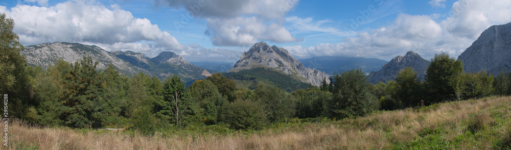 Panoramic view of mountains in Urkiola National Park from viewpoint Saibi in Spain,Europe