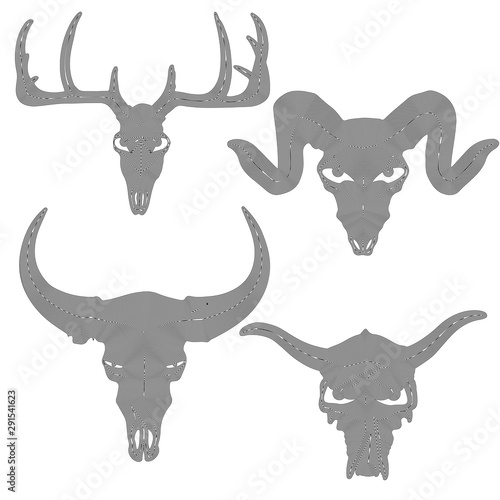 set of animal skull silhouette in black lines on white background, vector illustration, eps 10