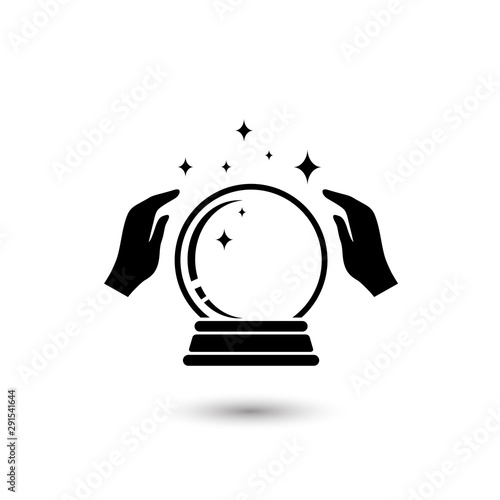 Crystal Ball Magic Icon With Hands. Vector Logo Template