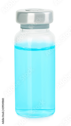 Medical vial with blue solution for injection on white background.