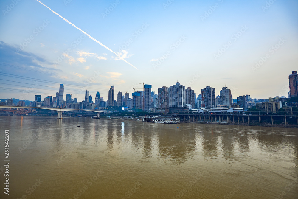 River-Crossing Bridges and High-rise Buildings in the Evening of Chongqing, Asia