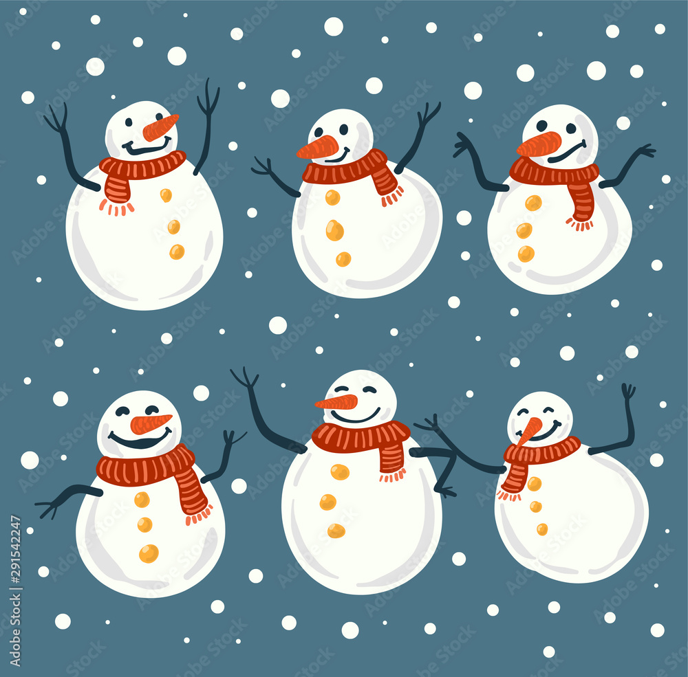 Snowman drawing, cartoon style, vector style.