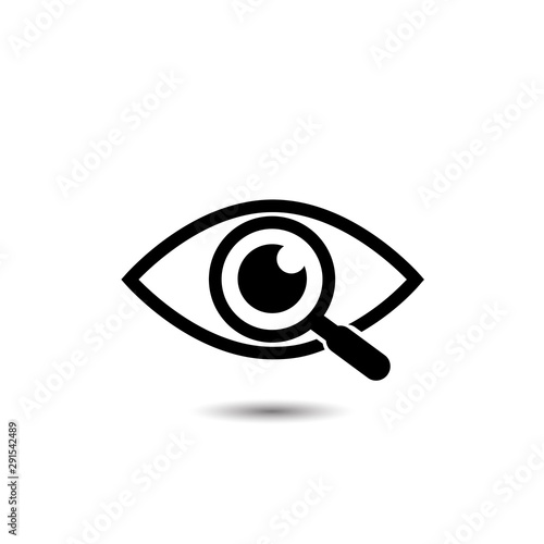 Magnifying glass with eye vector icon, isolated on white