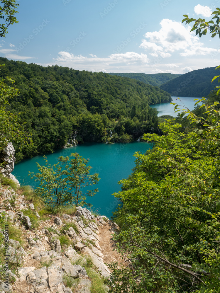 Croatia, august 2019: Summer view of beautiful waterfalls in Plitvice Lakes National Park