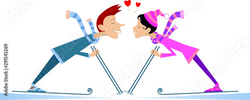 Heart symbols and kissing skier man and skier woman illustration. Skier man and skier woman fall in love and kissing isolated on white