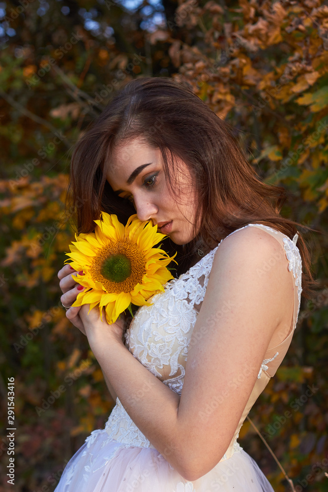 Beautiful lovely girl in a white dress sniffs a flower of a sunflower. Sunlight is playing. Enjoying nature. Autumn time. Beautiful lovely girl in a white dress sniffs a flower of a sunflower. Sunlight is playing. Enjoying nature. Autumn time.