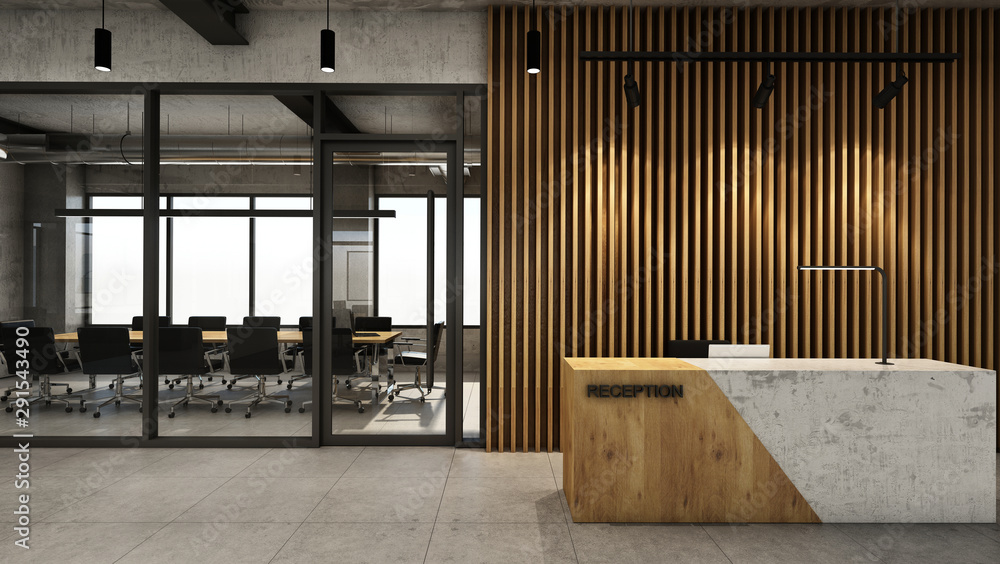 Fototapeta Office reception design Modern & Loft,Concrete wood half counter in front of the wood slat,Concrete floor - 3D render
