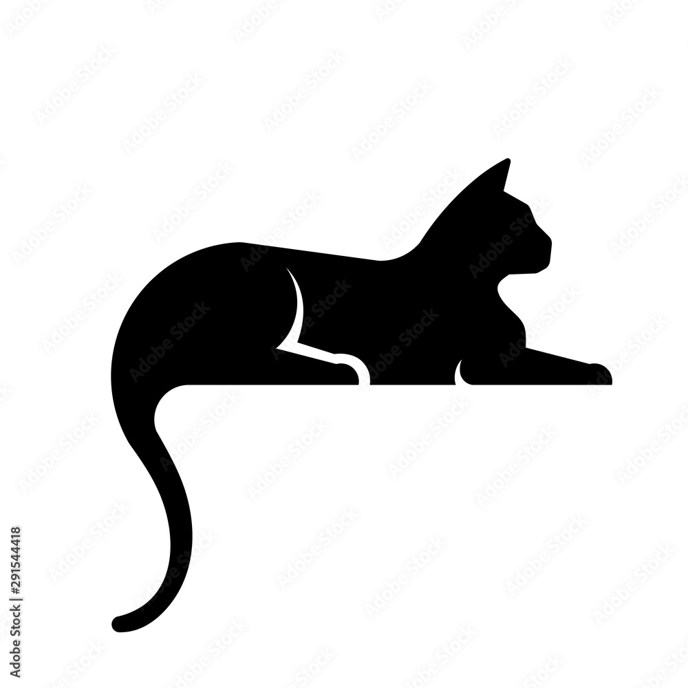 silhouette of lying pose black cat on white background
