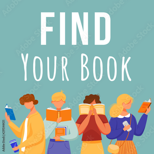Find your book social media post mockup. Bookcrossing. Bookshop. Advertising web banner design template. Social media booster, content layout. Promotion poster, print ads with flat illustrations