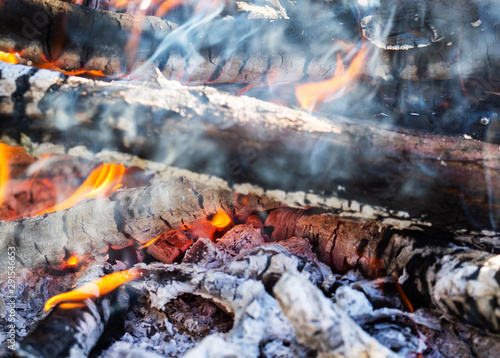 Smoldering embers of burning wood, macro