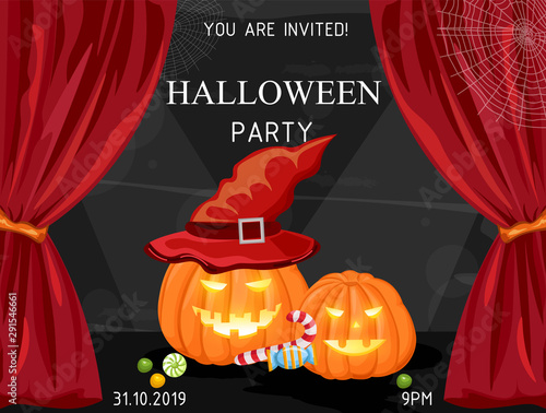 Pumpkins with witch hat inviting to halloween party from the stage. Spider we...