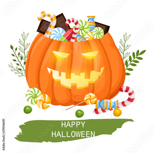 Happy halloween pumpkin full of candy and chocolate. Trick or treat idea. Fla...
