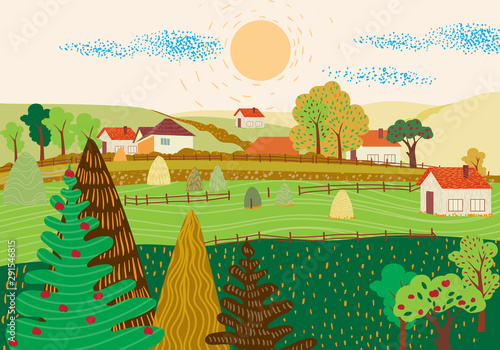 Cartoon flat village with colorful scenery. Autumn season fields and houses. ...
