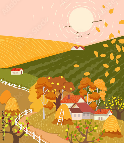 Cartoon flat village with colorful scenery. Autumn season fields and houses. ...