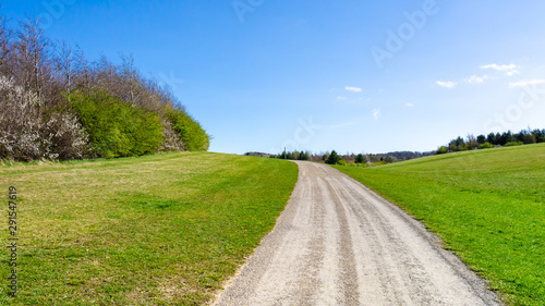 Gravel Pathway/Walkway at Herrington Country Park in Sunderland.  Image features blue morning spring sky with lush green grass either side of a gravel path with trees to the left and in the distance.