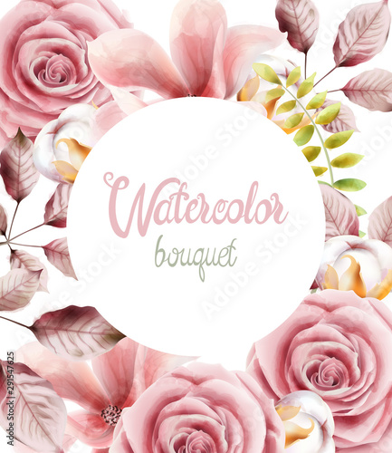 Watercolor flowers and leaves bouquet background vector. Wedding greeting card