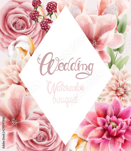 Watercolor flowers and leaves bouquet background vector. Wedding greeting card