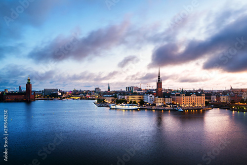 Aerial view of Gamla Stan in Stockholm  Sweden with landmarks like Riddarholm Church