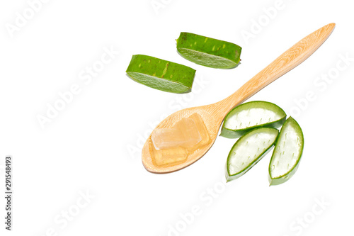 Aloe vera sliced and spoon isolated on white background copy space