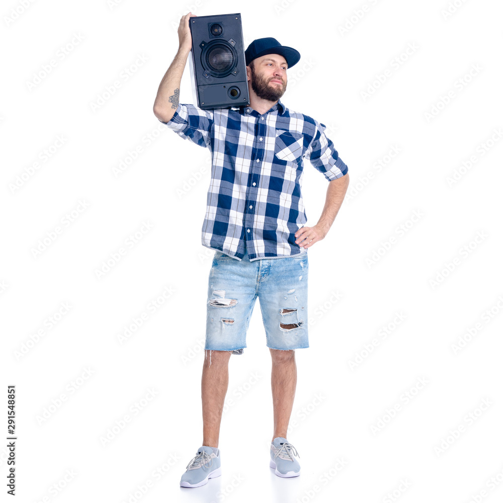 Man with Speaker music in hand on white background isolation Man with Speaker music in hand on white background isolation
