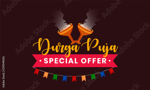 Typography text on indian festival of durga puja with Dhunuchi and decorative background with with special offer.