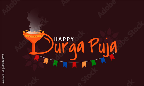 Typography text on indian festival of durga puja with Dhunuchi element and decorative background with mandala.