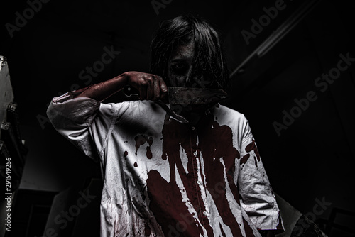 Portrait of asian woman make up ghost face,Horror scene,Scary background,Halloween poster