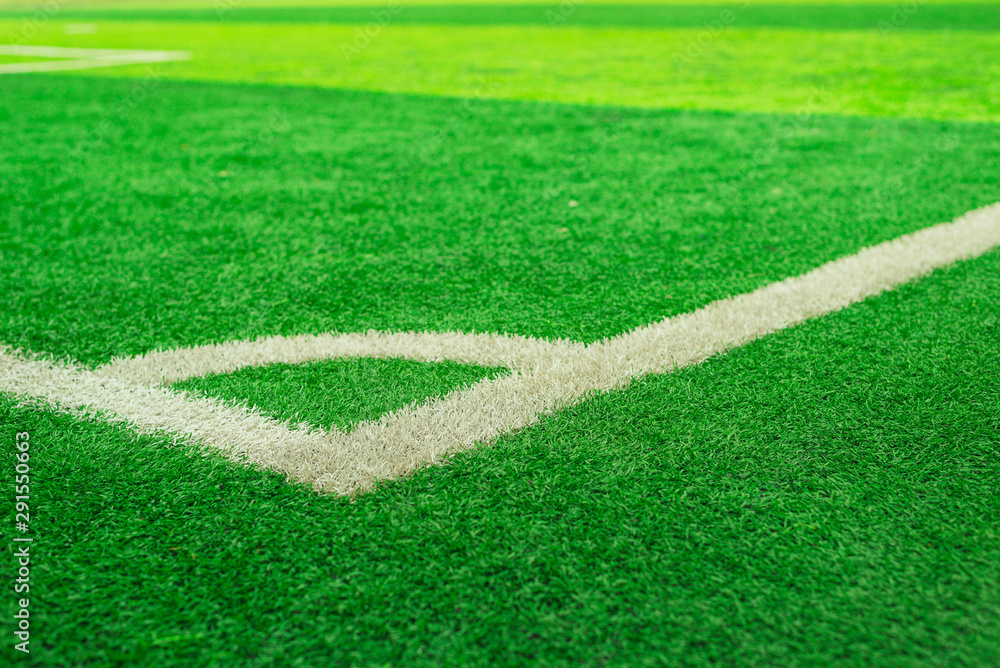 Soccer field grass conner.Beautiful pattern of fresh green grass