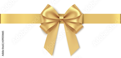 Decorative golden bow with horizontal ribbon isolated on white background. Vector illustration